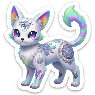 Rare neon iridescent white exotic cute epic aesthetic gothic colorful Salandit-Eevee-Civet-species-Fakemon-hybrid-creature, with intricate tattoo markings, full body sticker