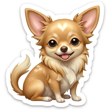 Cinematic Cute Yawning Long Haired Fawn Chihuahua Portrait Emoji, Head tilted slightly with a dramatic, wide-open yawn, flowing long fawn hair with delicate highlights, floppy ears slightly drooping, round dark eyes barely open in drowsy contentment, Simplified yet irresistibly adorable features, highly detailed, glowing with a soft, cozy glow, high shine, relaxed yet expressive, stylized with a touch of whimsy, bright and endearing, soft glowing outline, capturing the essence of a sleepy yet affectionate companion, so drowsy it feels like it could stretch right out of the screen and curl up for a nap! sticker