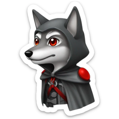 grey wolf with red eyes wearing a black hood holding  sickles sticker