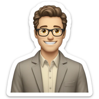 Joyful Pale skinned Fit Man With dark brown hair in gray jacket, beige office shirt, Brown pants and vintage glasses. His thrumbs up sticker