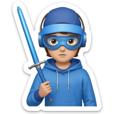 a boy with brown hair, a blue vr headset. a blue hoodie and a blue sword and remove the cap sticker