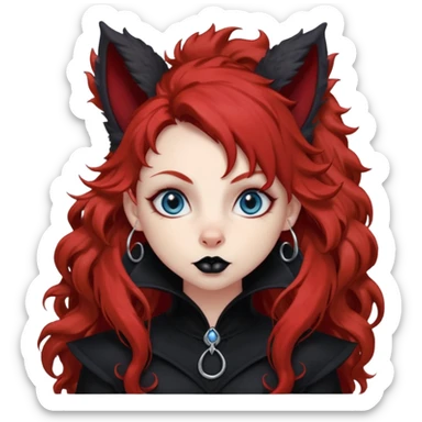  long super curly blood red hair (darker), red pointed squirrel ears with black trim, black goth outfits, body and face human, blue eyes, more pointy chin, black lipstick, one big fluffy red squirrel tail with black tips, close her mouth, less evil looking sticker