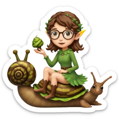 tiny forest elf woman brown wavy hair glasses riding a snail sticker