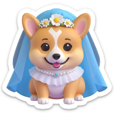 female corgi wearing a bridal veil, 3d emoji style with 20% realistic features, cute and expressive sticker