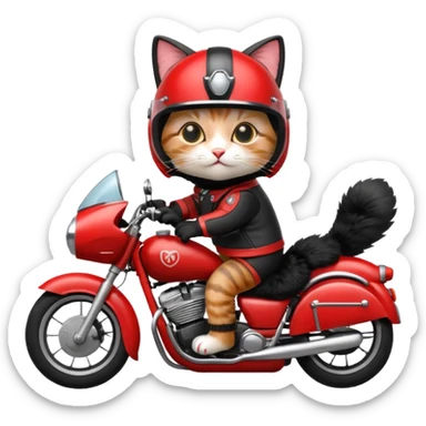 Cat on red and black motorcycle with helmet sticker