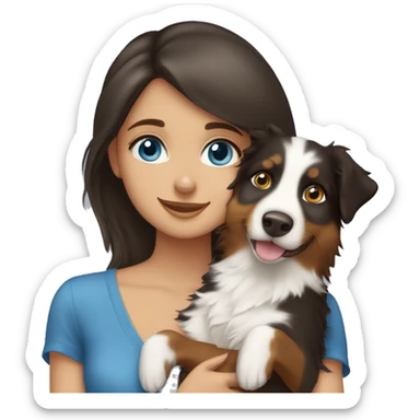Brunette blue blue-eyed girl hugging Tricolored Australian Shepherd sticker