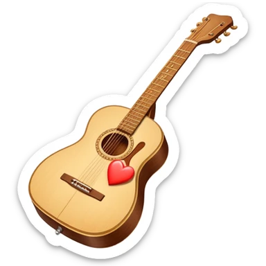 “Flat vector icon of a Cuban tres guitar in three-quarter view, warm brown, thick outline, centered on a warm cream or beige rounded-square (or circle); near the soundboard add a small red or pink heart with a soft glow and 2–3 tiny sparkles to suggest ‘soul’.  sticker