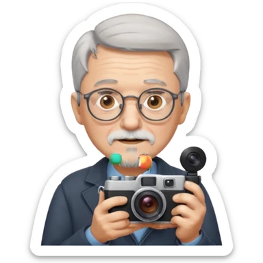 old man with short gray hair, short gray beard, round glasses, holding a camera, Apple emoji style sticker