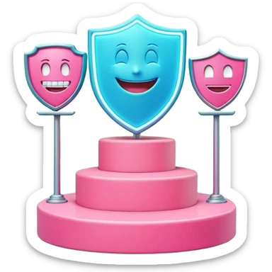 Minimalist 3D emoji-style podium with 2 steps on a green chroma key background. Step 1 (higher) features a handshake icon with blue neon glow. Step 2 (lower) features a smiling tooth with a shield icon and pink neon glow. Clean rendering, soft colors, uniform lighting. sticker