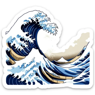 Cinematic Realistic Great Wave off Kanagawa, depicted as a colossal, crashing wave with dynamic blue hues and frothy white crests, rendered with intricate textures and fluid motion that captures both the timeless power and poetic beauty of the iconic Japanese artwork sticker