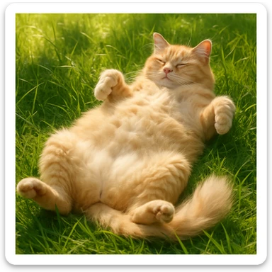 cat lying on its back in thick grass, sunny, fluffy belly, relaxed pose sticker