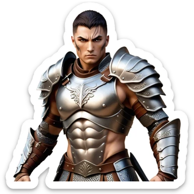 Cinematic Realistic WoW Human Warrior Portrait, captured in a dynamic, battle-ready stance, muscles defined beneath intricately detailed steel armor accented with rich leather. His chiseled visage and determined gaze are rendered with lifelike texture and dynamic natural lighting, high shine, evoking the fierce, relentless spirit of a human warrior in the midst of combat. sticker