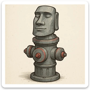 A whimsical fusion of a fire hydrant and the Moyai statue, with the hydrant's top as the statue's head, stone-gray color with subtle red accents, and a serene face. sticker