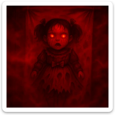 Change the color scheme to red and black with intense red fog and mist, creating an overall red horror palette. Keep all other details unchanged. sticker