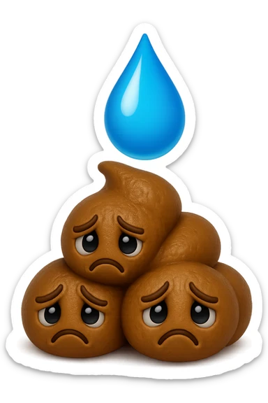 emoji stile iphone di una montagnetta di feci umane realistiche a palline tristi con sopra un simbolo delle gocce di acqua, iperrealistico 4k sticker