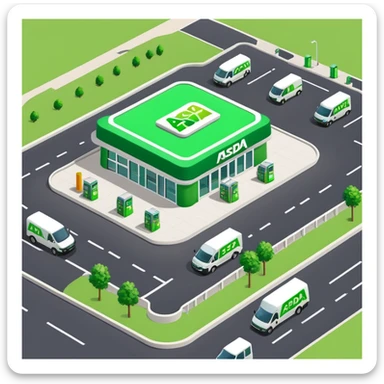 Isometric ASDA store with green logo, petrol station, large parking area, and delivery vans sticker