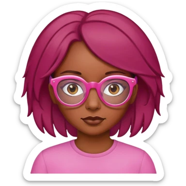 Brown skin girl with brownish dark red hair wearing pink glasses sticker