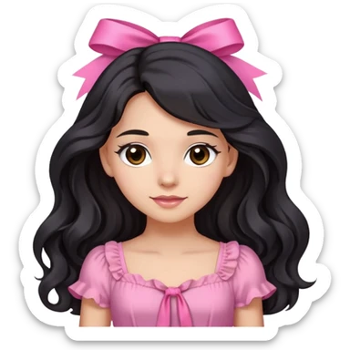 Beautiful girl with long wavy black hair, brown eyes, light skin, slight smile, pink ribbon in hair, and pink dress sticker