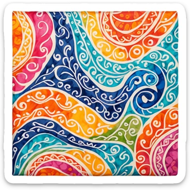 Batik art icon, colorful fabric with wax patterns, fabric folded artistically, vibrant colors, fluid lines, minimalistic design, transparent background. sticker