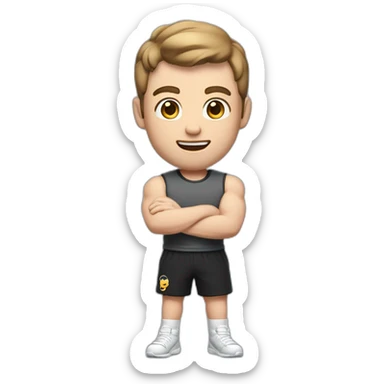 Close up Actively gesturing  with hands Pale skinned Fit Man With the biceps and brown hair in dark gray Sleeveless Mike, black oversize sports shorts, watch and white Sneakers sticker