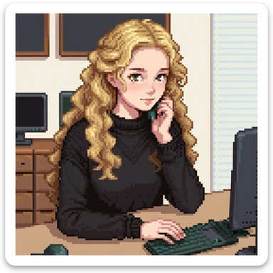 pretty brown-eyed blonde young woman with wavy hair, wearing a black sweater, working on a computer in a cozy office sticker