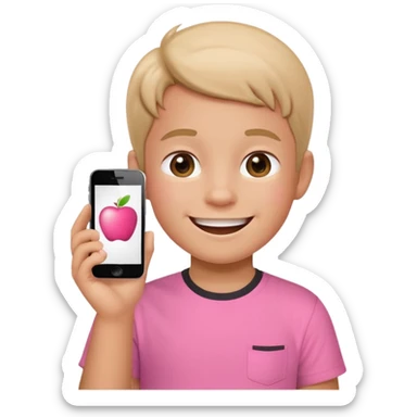 happy little kid with a phone, pink shirt, apple style emoji sticker
