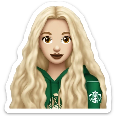 White skin girl with long blonde hair extensions with big lips and lashes with a Starbucks in her hand and a beige hoodie on sticker