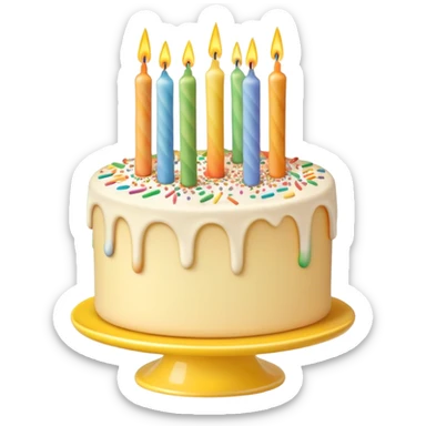 Realistic beige and white vanilla birthday cake with candles and rainbow sprinkles, on a yellow cake stand sticker