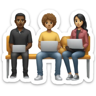 2 girl and 3 man each of them holding laptop and sit together  sticker