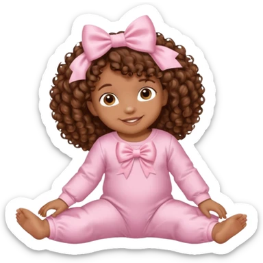 Brown skin 6 month old baby with brown curly hair down laying down smiling with satin baby pink onesie and white bow sticker