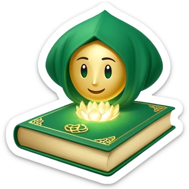 Un libro verde esmeralda con portada con detalles dorados y una textura de terciopelo, con un loto en la portada, irradiando presencia, calma y despertar espiritual sticker