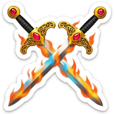 Flaming fully golden crossed swords with red gems sticker