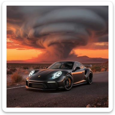 Cinematic still of a A modern desert mountain, wallpaper, modern, porsche 911, sunset, arizona desert, tornado in background sticker