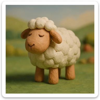 fluffy sheep standing on green grass, visible fingerprints, matte plasticine look, claymation style sticker