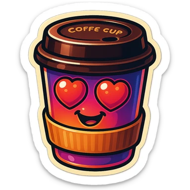 Ink wash style, coffee cup creature, big heart eyes, dopey smile sticker