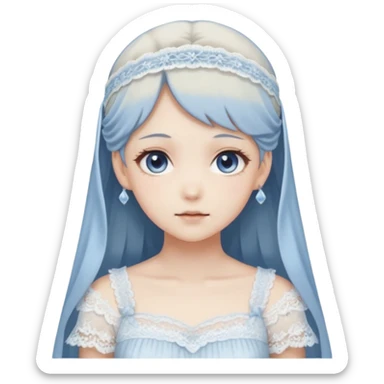 Beautiful ethereal pastel Gorgeous spectral dark greyish-blue whitish gloomy spectral Anime Poltergeist Lady  with a beautiful white silky lace dress with a silky lace head band sticker