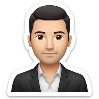 Attractive robust Hispanic man in his mid-40s, light brown complexion, short black hair with prominent fade haircut, light facial scruff, square face with strong jawline, friendly TV presenter expression, unbuttoned black jacket, white shirt with top button open, no necktie sticker