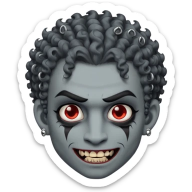 Vampire with grey skin, fanged teeth, piercings on eyebrow, two dermal piercings on cheek, and curly hair male sticker