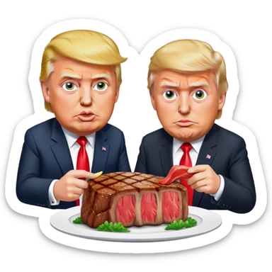 photorealistic Donald Trump and Macron eating a steak shaped like an piece of land sticker