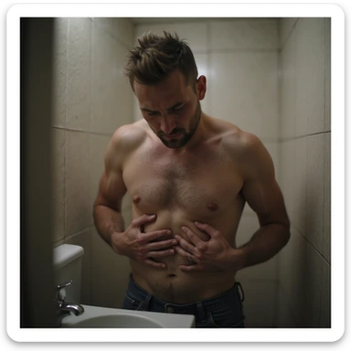 realistic 4K man in the bathroom squeezing his belly with hands and looking at it with a despondent expression sticker