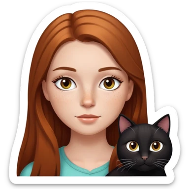 white girl with freckles, eyelashes, long brown straight highlighted hair, and a black cat sticker