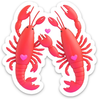 two lobsters in love holding claws with hearts floating above them sticker