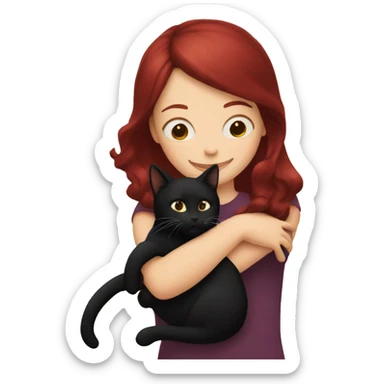 realistic girl with burgundy hair hugs a black cat sticker