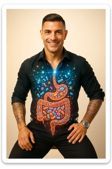 Radiant man with transparent digestive system showing diverse, thriving gut bacteria colonies in perfect balance, beneficial microorganisms glowing like constellation patterns throughout intestines, expression of optimal health and vitality, digestive tract functioning as harmonious ecosystem, immune system strengthened by microbial diversity, energy levels at peak performance sticker
