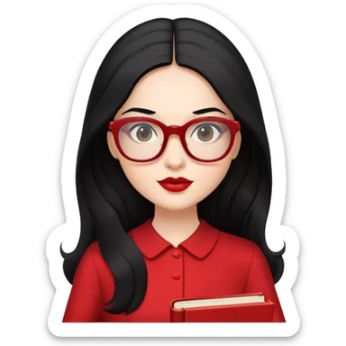 Woman, in red dress, with black long hair, glasses on face, red lips, book in hand sticker