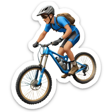 A thrilling downhill mountain biking scene! A rider in full gear speeds down a steep rocky trail, kicking up dust. The rugged mountain landscape surrounds them, with towering peaks, evergreen trees, and a bright blue sky. The rush of adventure is in the air. Transparent background. sticker