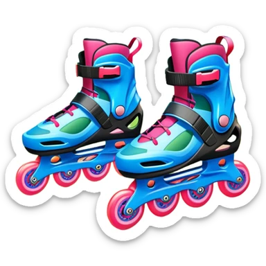 An icon featuring a pair of colorful inline rollerblades resting on a park path. The background showcases winding park pathways, lush green trees, and vibrant flowers along the way. The scene radiates a sense of freedom and outdoor activity under a clear blue sky. Transparent background sticker