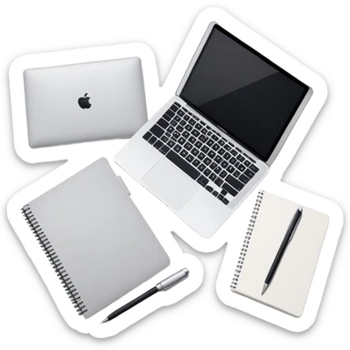 top view of a MacBook and a notebook with a pen nearby, different arrangement sticker