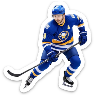 An icon featuring a hockey player in action, skating with a stick and puck on a fast-paced ice rink. The background shows a packed stadium with cheering fans, bright lights, and a snowy landscape visible through the arena's windows. Transparent background captures the excitement. sticker