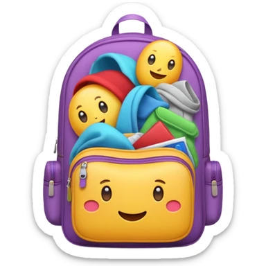 Emoji-style backpack overflowing with clothes, rounded cute shapes, soft shadows, colorful sticker